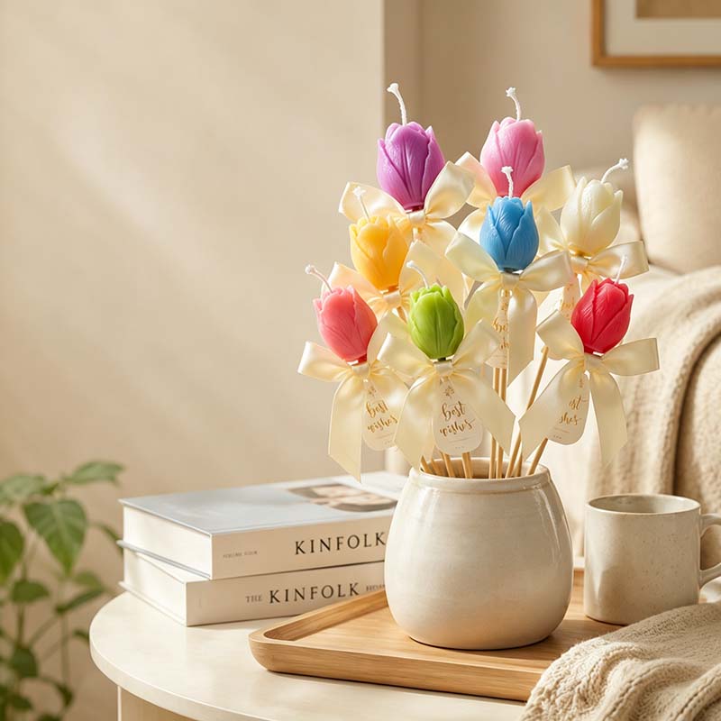 CouldNook Tulip Candle On Stem - Sculpted Petals And Ribbon Bow
