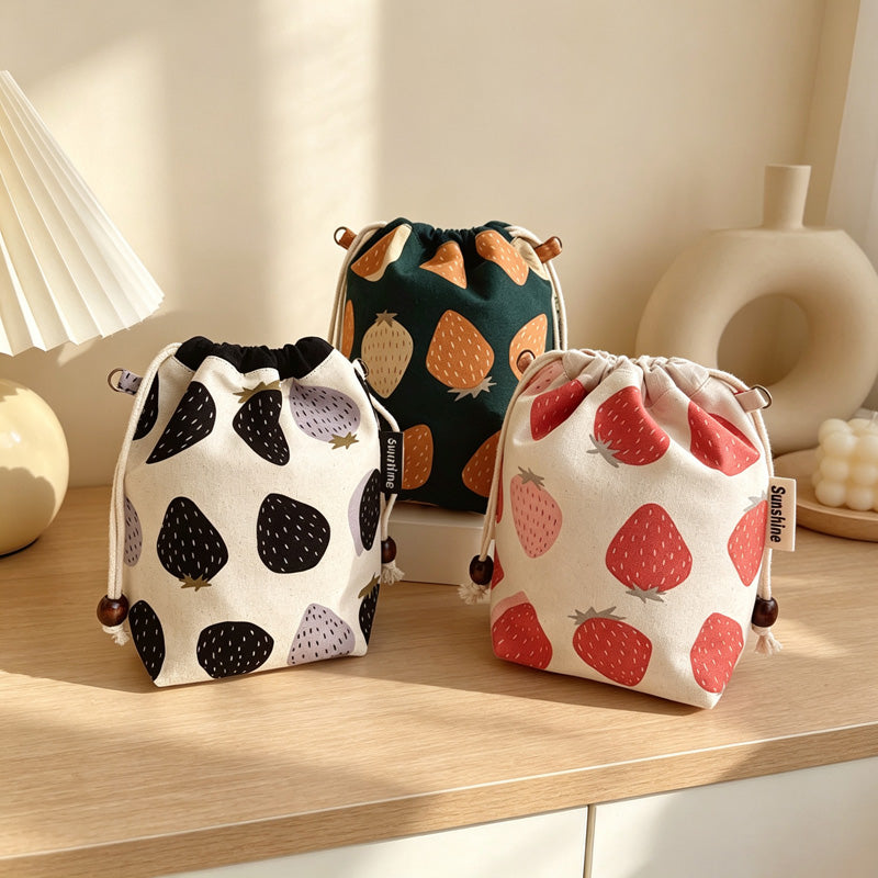 CouldNook Strawberry Drawstring Bag - Three Textured Fabric Prints