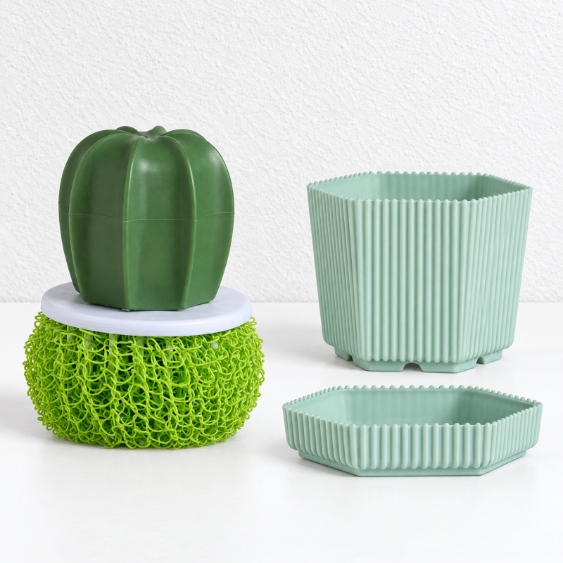 CouldNook Cactus Dish Brush - Textured Cleaning Ball And Planter Holder