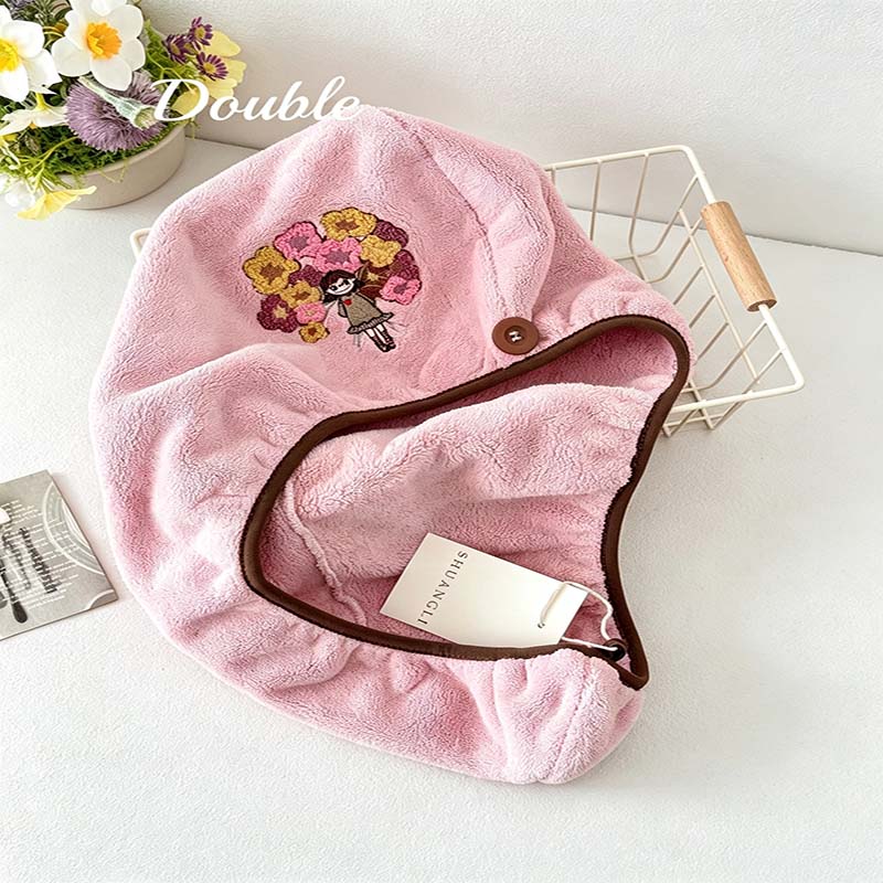 CouldNook Floral Hair Towel Wrap - Embroidered Button Fastening