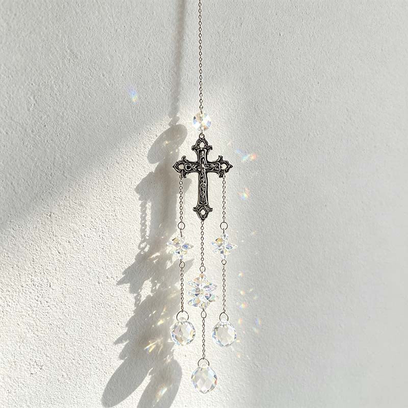 CouldNook Gothic Cross Suncatcher - Three Faceted Crystal Drop Strands