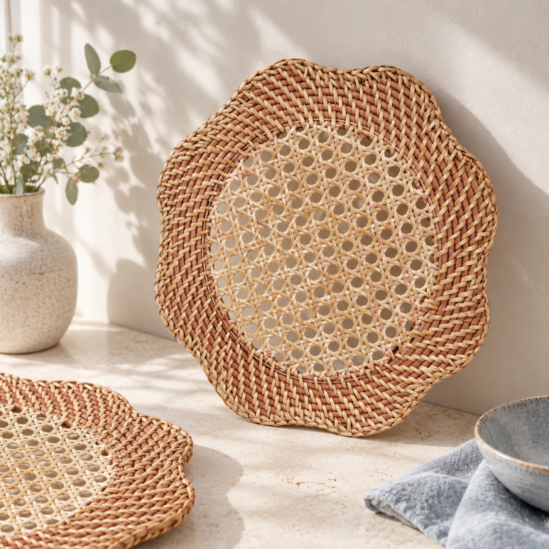 CouldNook Scalloped Rattan Tray - Open Lattice Center And Woven Rim