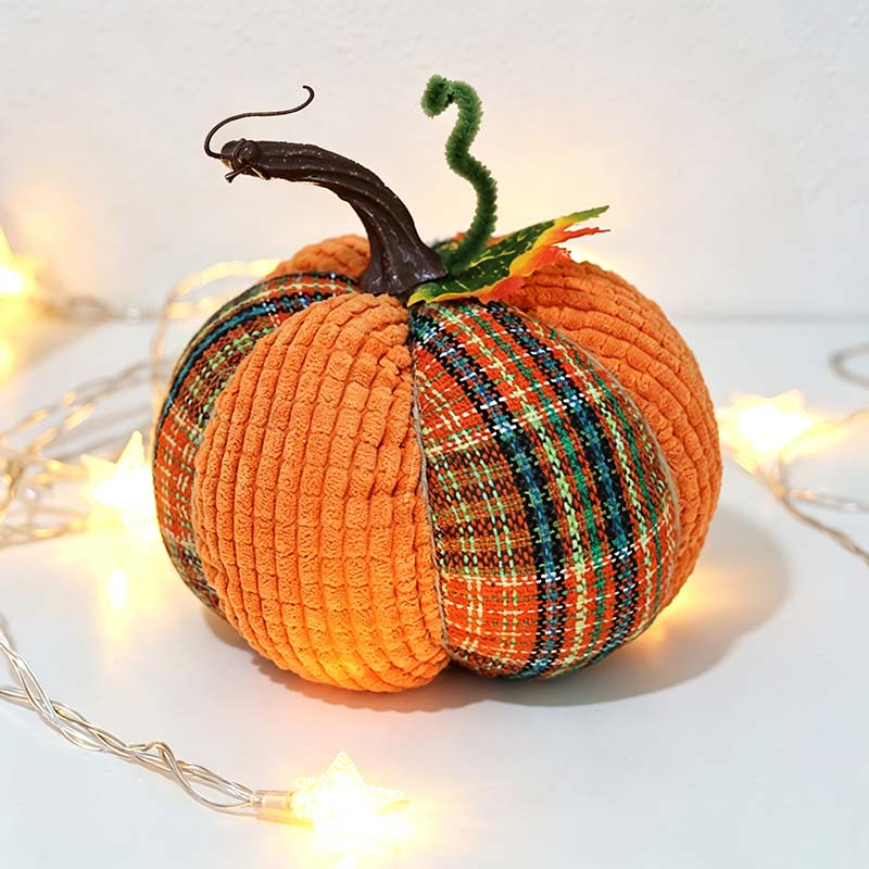 CouldNook Plaid Fabric Pumpkin Ornament - Curved Stem and Textured Panels