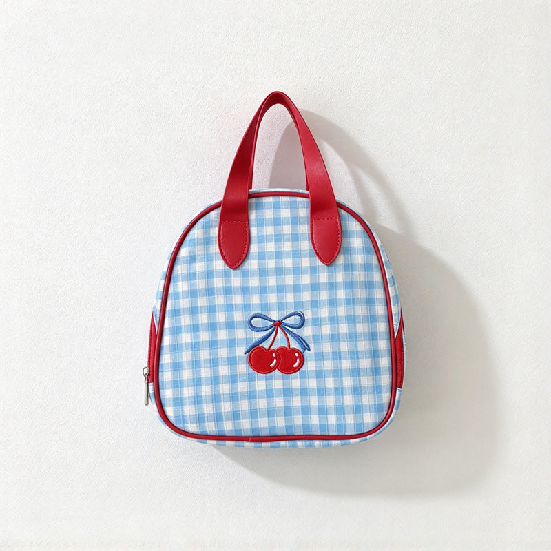 CouldNook Blue Gingham Makeup Bag - Contrast Trim And Cherry Decoration
