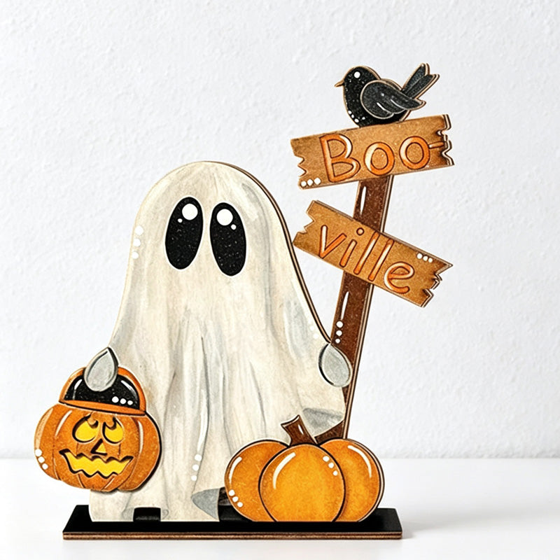 CouldNook Halloween Ghost Wooden Tabletop Ornament‑Pumpkin Boo‑Ville Sign Home Decor