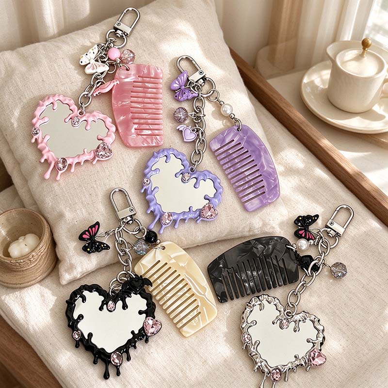 CouldNook Heart Mirror Comb Charm - Butterfly Bead Accents