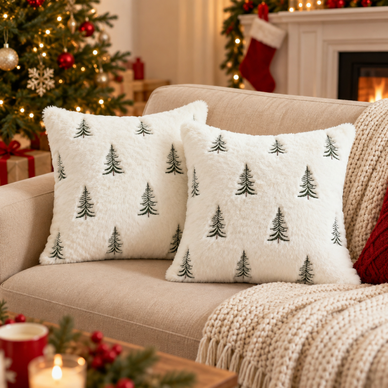 CouldNook Embroidered Winter Cushion Cover - Plush Texture And Seasonal Motifs