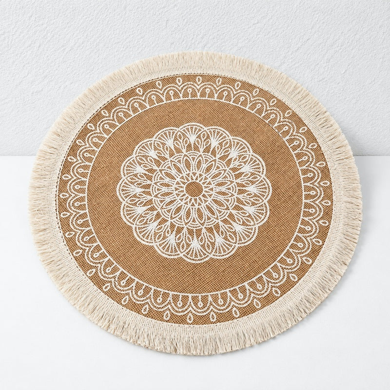 CouldNook Round Jute Placemat - Mandala Print and Decorative Trim