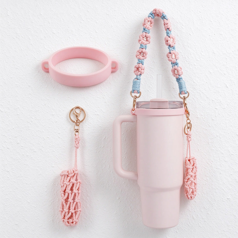 Water Bottle Carry Strap with Beads or Woven Flowers