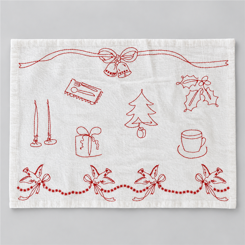 Christmas Embroidered Table Cloth with Red Line Motifs