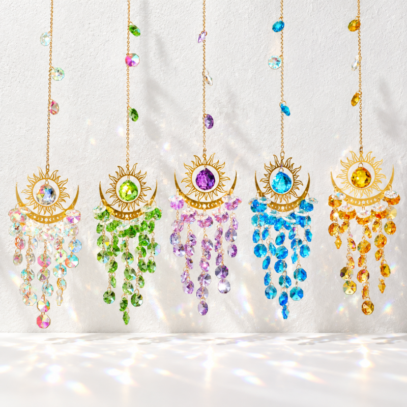 CouldNook Sun And Moon Suncatcher - Flame-Like Rays and Cascading Faceted Drops