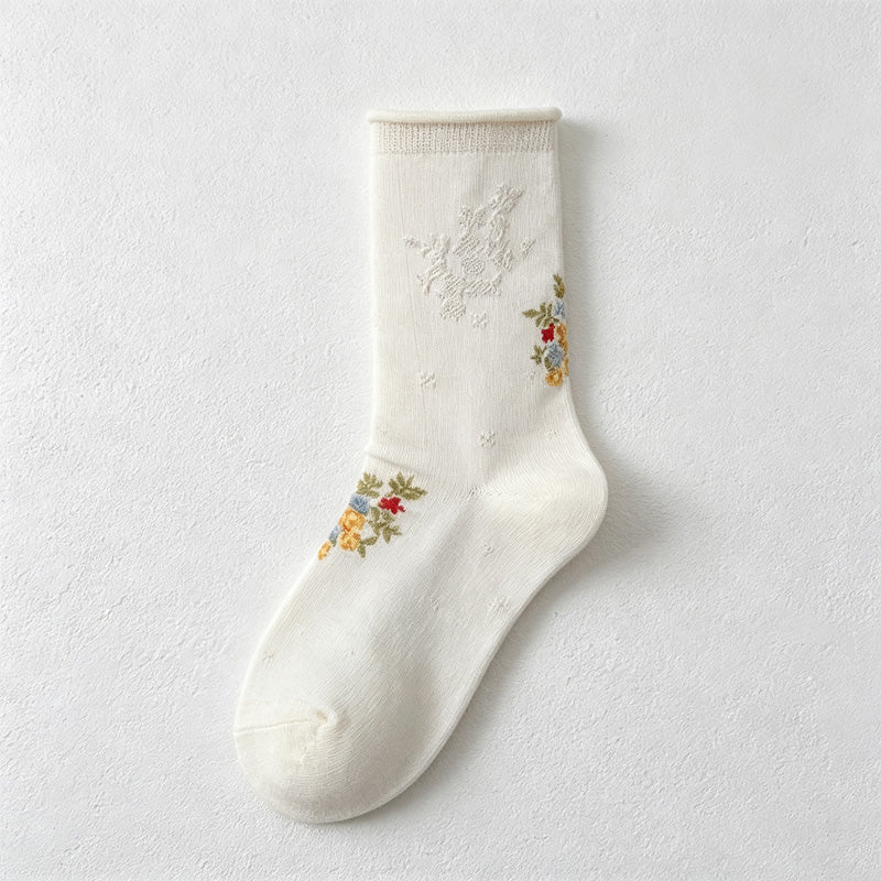 CouldNook Floral Embroidered Crew Socks-Floral Embroidered Accent