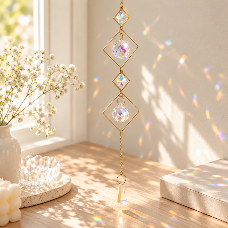 CouldNook Diamond Frame Suncatcher - Open Gold-Toned Shapes and Suspended Faceted Drops