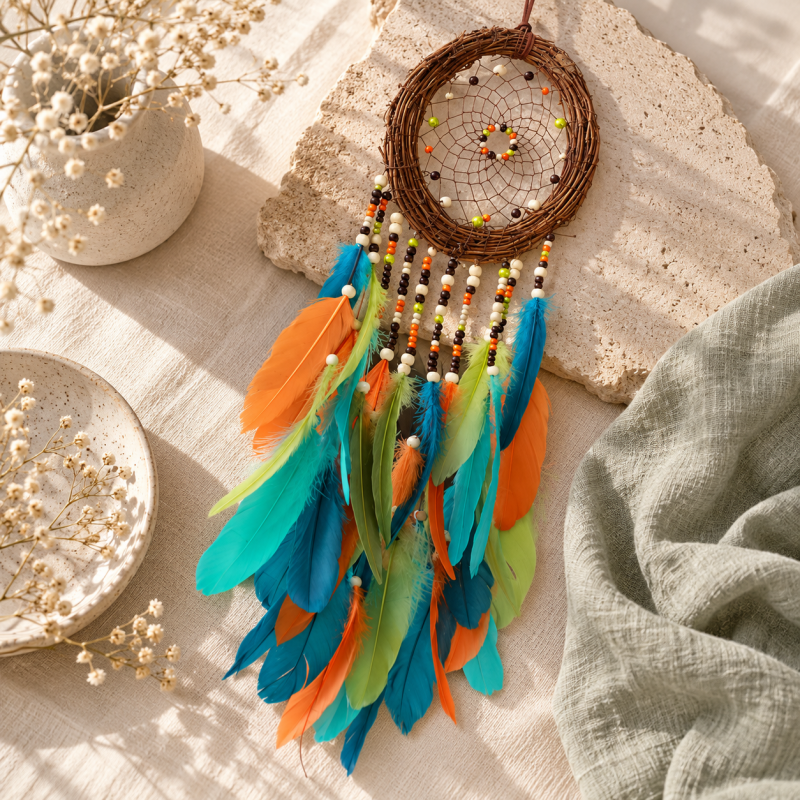 CouldNook Colorful Feather Dreamcatcher - Vine Hoop And Layered Beaded Strands