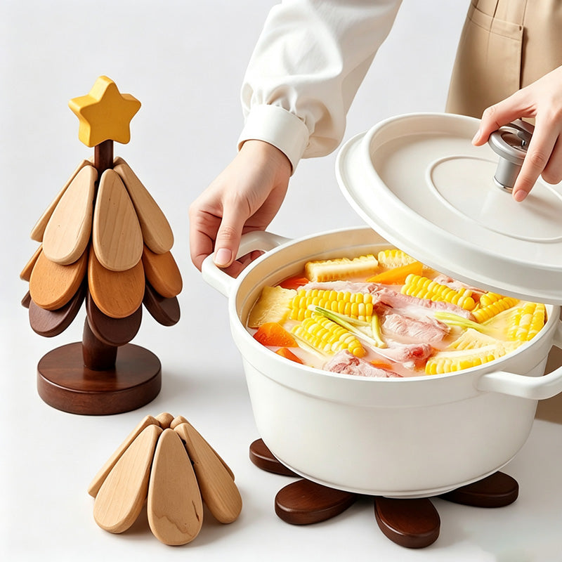 Folding Wooden Trivet Set with Tree Stand