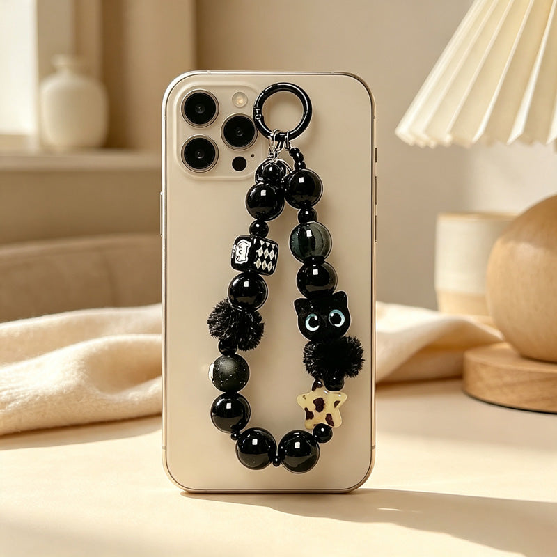 CloudNook Beaded Phone Wrist Strap-Black Plush Cat Charms