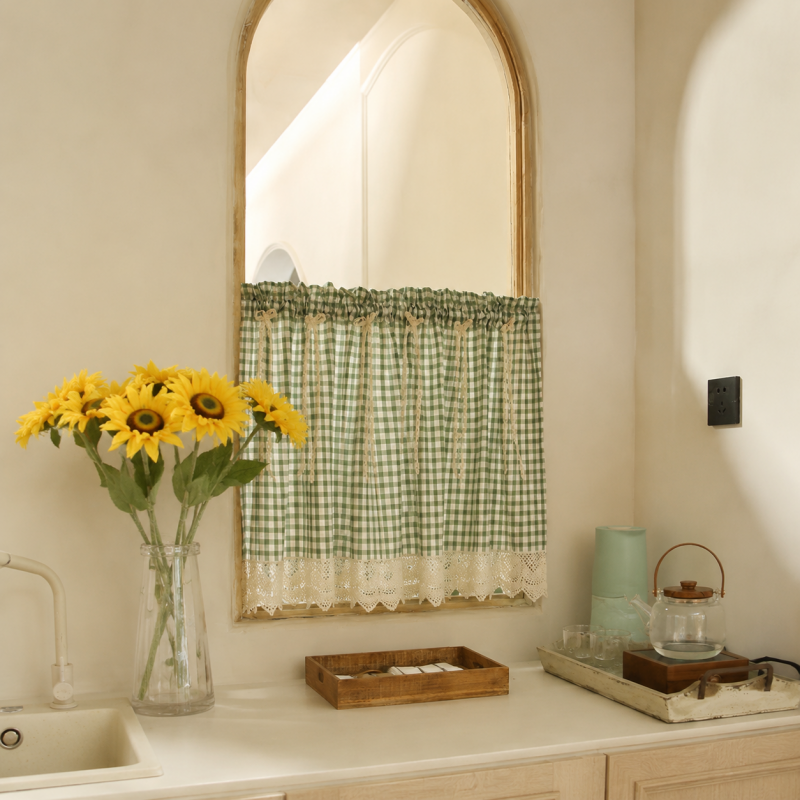 CouldNook Gingham Cabinet Curtain - Lace Trim and Ties
