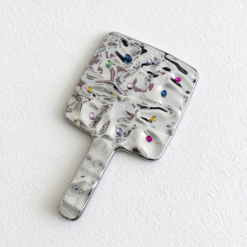 Jeweled Hand Mirror with Rippled Silver-Colored Back