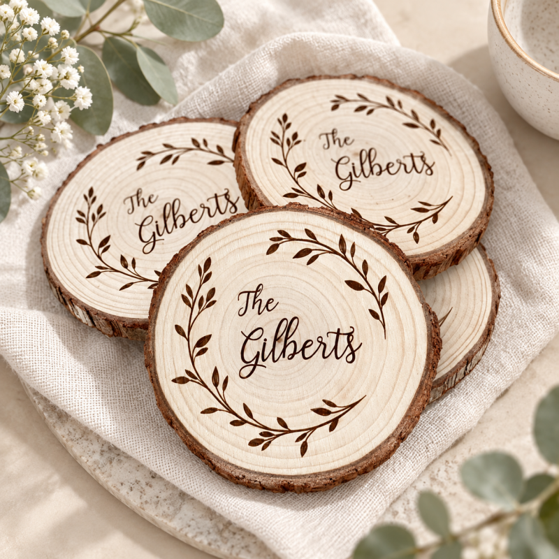 CouldNook Wood Slice Coaster - Personalized Wreath Name Design