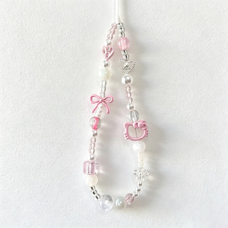 CloudNook Beaded Phone Wrist Strap-Pink Cat Bow Charms