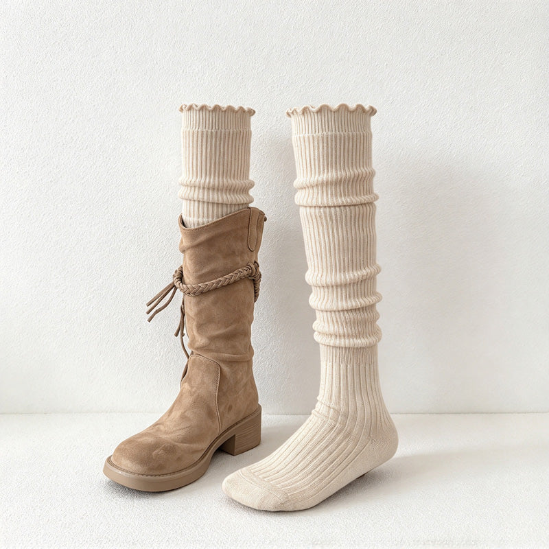 CouldNook Ribbed Slouch Socks - Fine Vertical Texture And Ruffled Edge