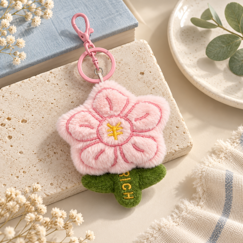 CouldNook Plush Flower Charm - Pink Petals and Embroidered Green Leaves