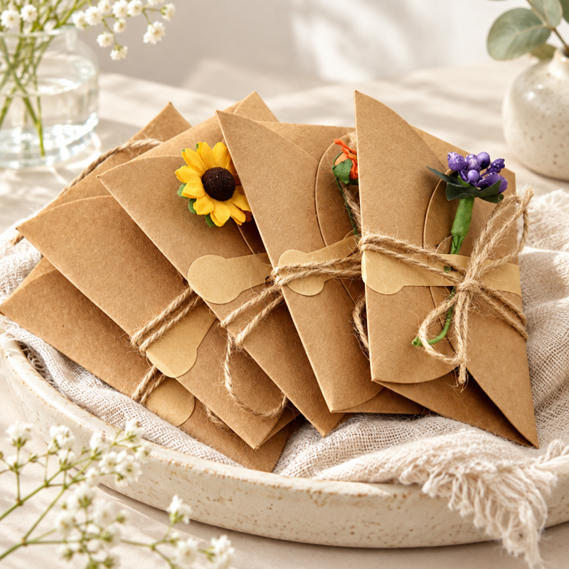 Flower Greeting Card - Kraft Folded Cover and Twine Bow