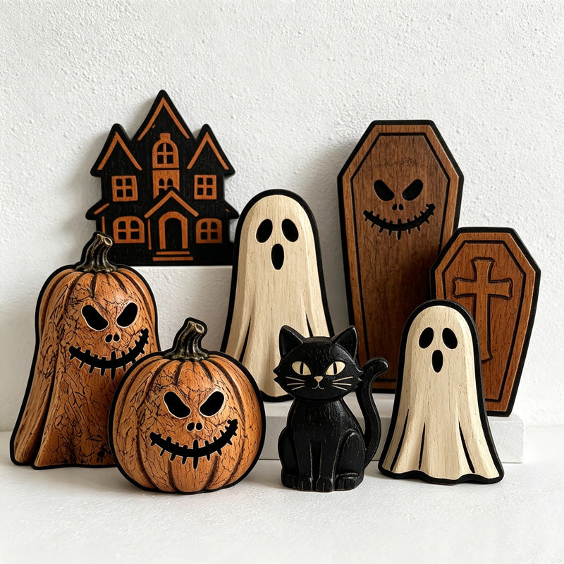 CouldNook Halloween Wooden Tabletop Block‑Ghost Black Cat Pumpkin Haunted House Decor
