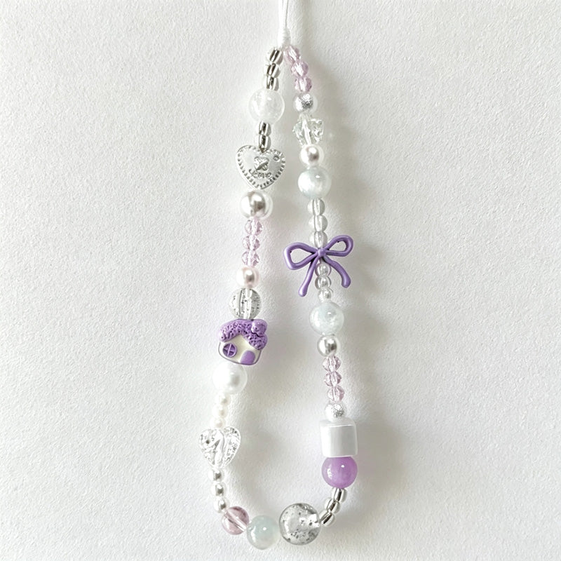 CloudNook Beaded Phone Wrist Strap-Purple House Bow Design
