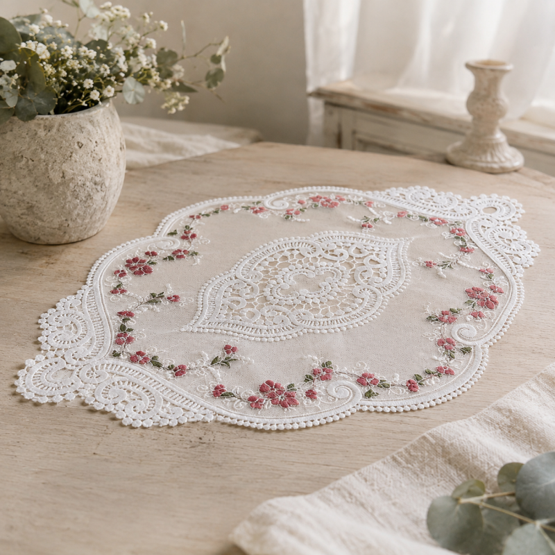 CouldNook French Lace Table Placemat - Rose Embroidered Mat