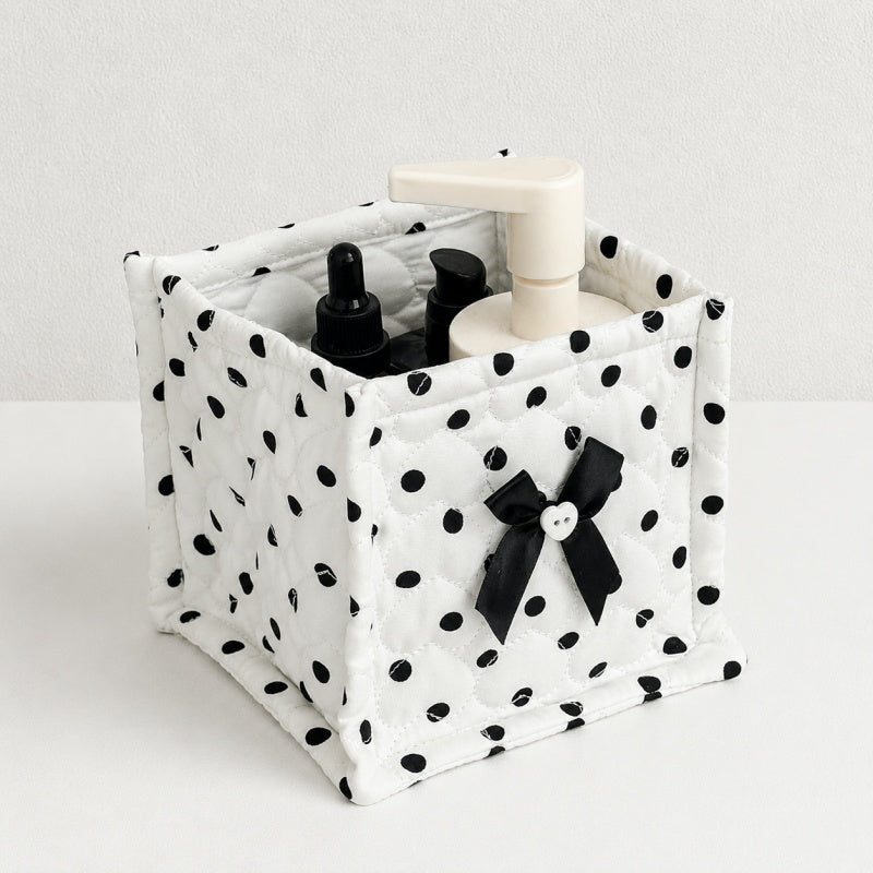 CouldNook Polka Dot Quilted Storage Bin Square Bow‑Decorated Desktop Organizer