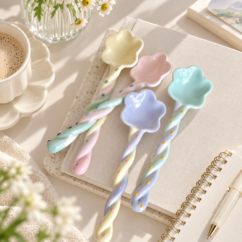 CouldNook Ceramic Flower Spoon - Long Twisted Pastel Handle