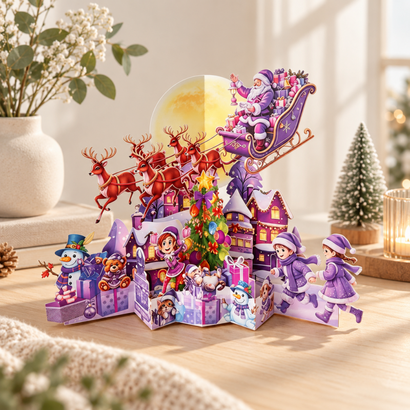 CouldNook Christmas Pop-Up Card - Purple Village and Flying Reindeer Scene