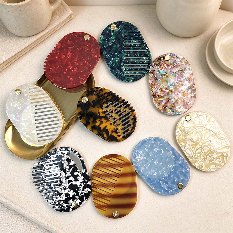 CouldNook Oval Mirror Comb - Patterned Acetate and Gold-tone Swivel Pivot