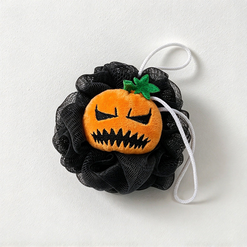 CouldNook Pumpkin Bath Pouf - Jack-O-Lantern Face And Hanging Cord