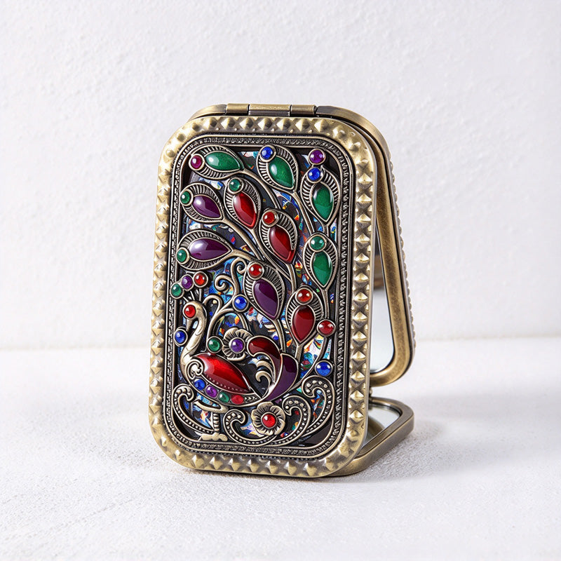 CouldNook Decorative Folding Pocket Mirror - Raised Peacock Motifs And Metal Frame