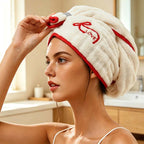 CouldNook Embroidered Hair Towel Wrap - Bow Motif Contrast Trim