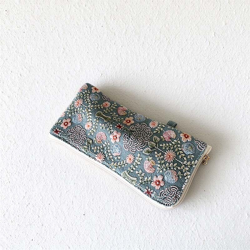 CouldNook Embroidered Glasses Pouch - Floral Stitching And Checked Lining