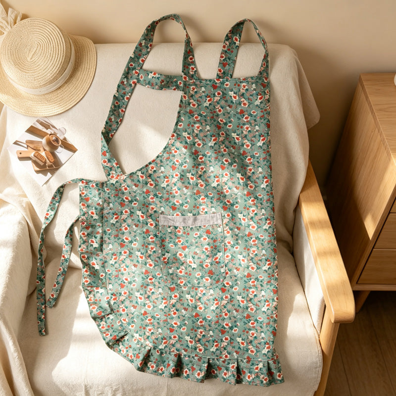 CouldNook Floral Kitchen Apron - Ruffled Hem and Front Pocket