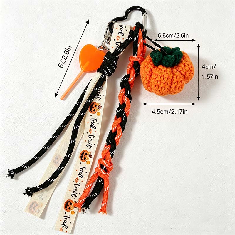 CouldNook Yarn Pumpkin Bag Charm - Braided Cord and Printed Ribbon
