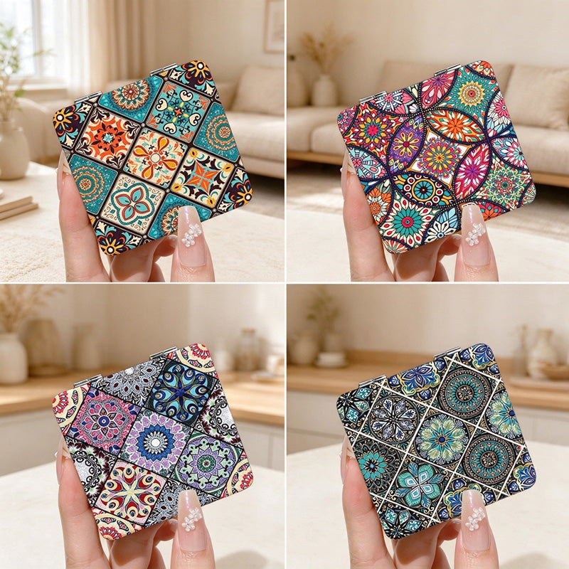 Boho Tile Print Compact Mirror with Folding Case