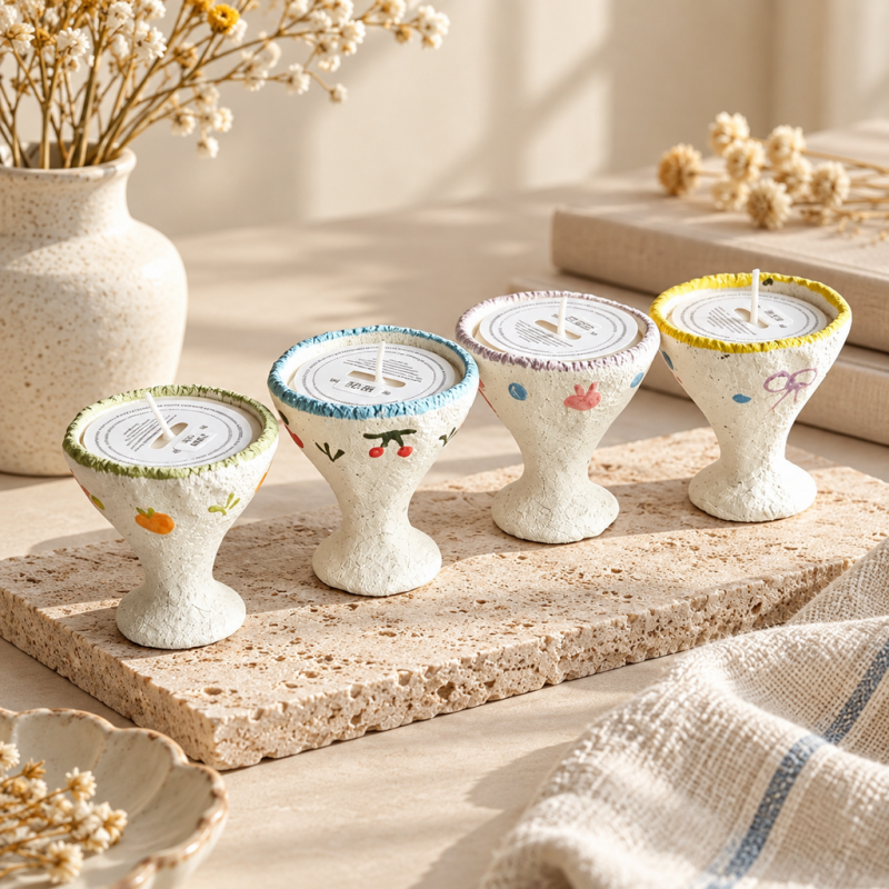 CouldNook Goblet Scented Candle - Textured Ceramic Vessel and Small Painted Motifs