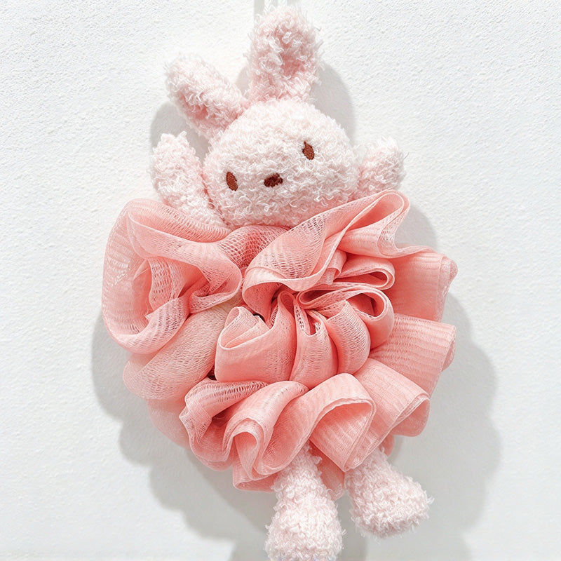 CouldNook Animal Bath Pouf - Bear and Rabbit Faces Around Ruffled Mesh