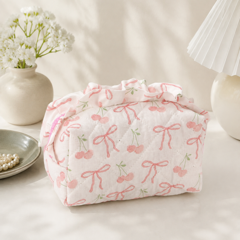 CouldNook Quilted Cosmetic Pouch - Ruffled Zipper and Printed Designs