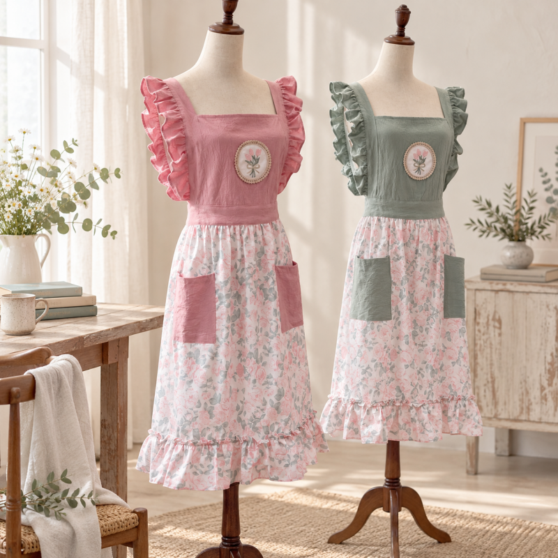 CouldNook Floral Ruffled Kitchen Apron - Princess-Style Layered Trim
