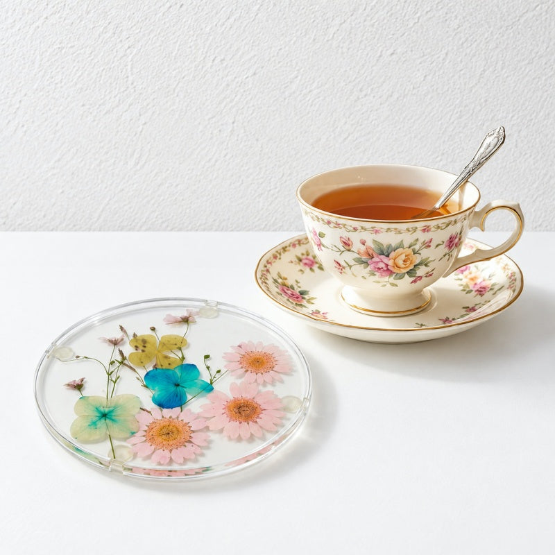 CouldNook Dried Flower Resin Coaster - Round Botanical Table Accent