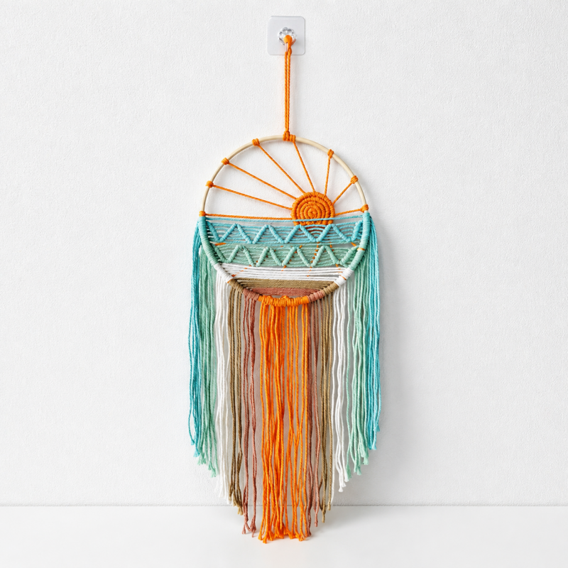 CouldNook Woven Sun Wall Hanging - Mint and Orange Fringe