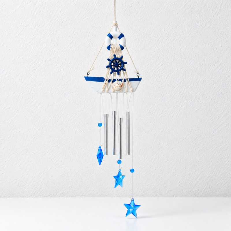 CouldNook Nautical Sailboat Wind Chime - Hanging Tubes And Blue Charms