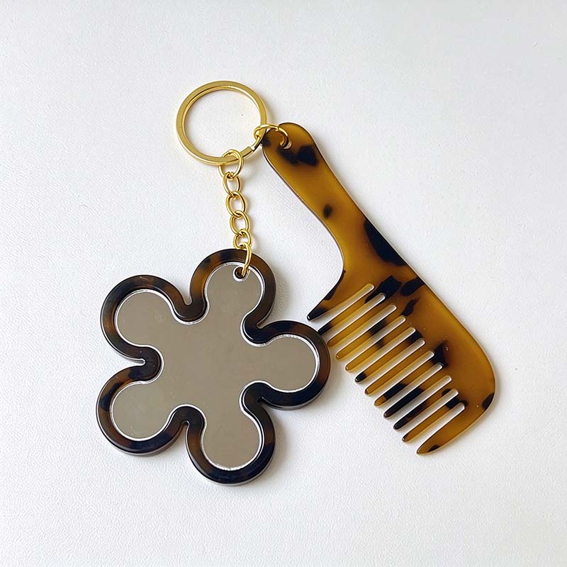 CouldNook Patterned Mirror Comb Keychain - Flower Oval Heart