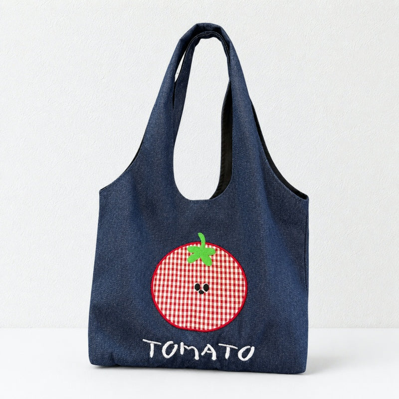 CouldNook Denim Tomato Embroidered Tote Bag - Interior Pockets